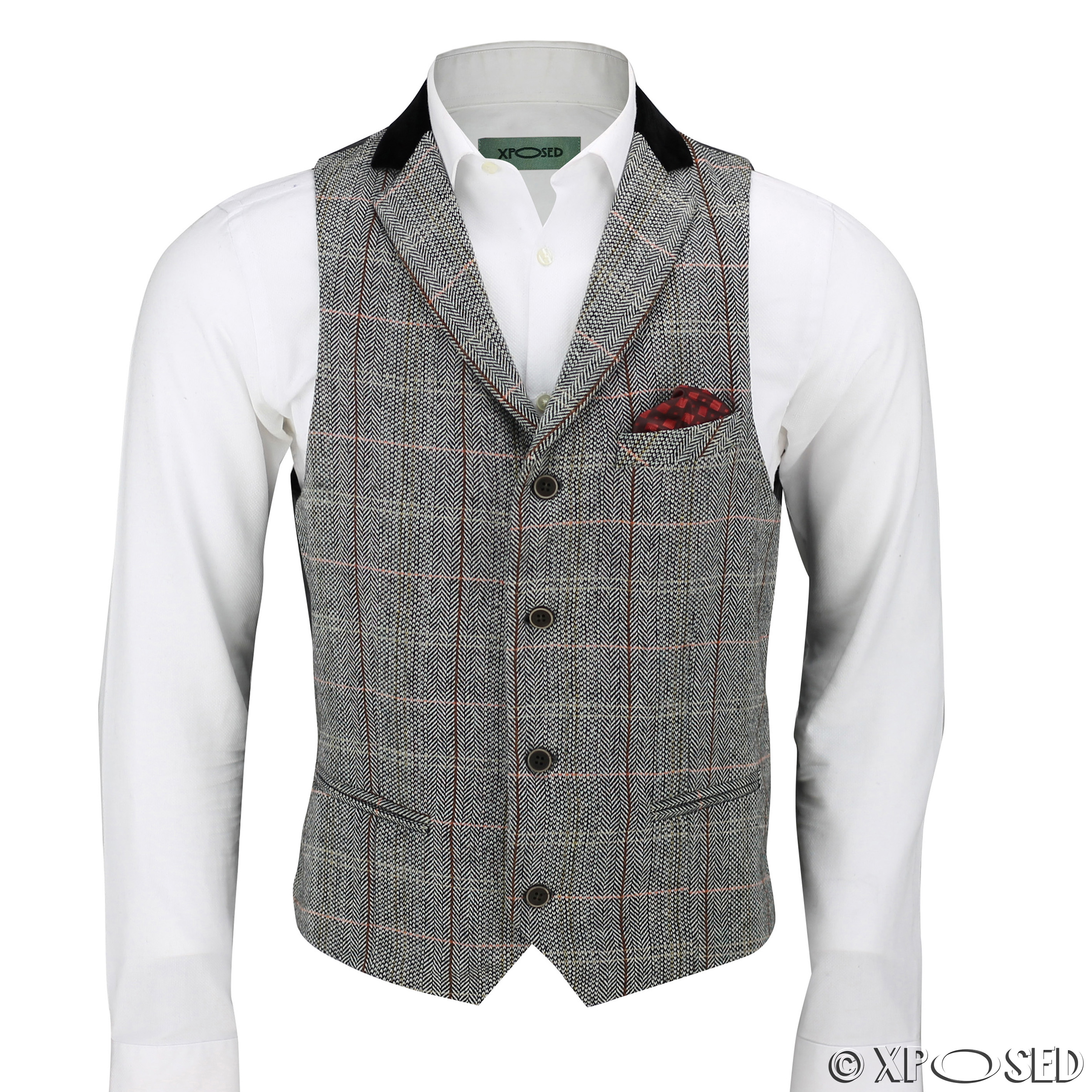 Mens Waistcoat Wool Mix Herringbone Tweed Check Velvet Collar Smart Formal Vest EBay